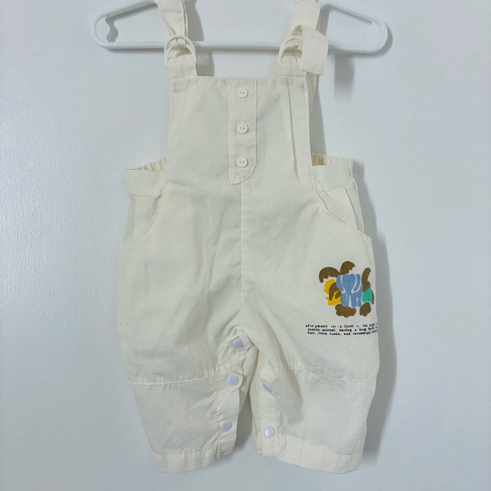 Vintage White Cotton Overalls w/ Elephant Graphic Baby Size Newborn